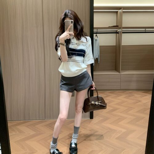 Leathercat今年流行的爆款女装2026年夏季韩系慵懒风条纹针织短袖