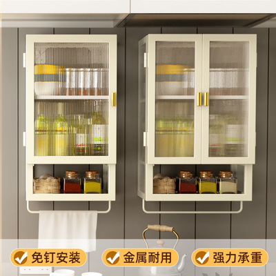 厨房多层带柜门免打孔防尘调味料置物架I壁挂式储物柜墙上收纳架