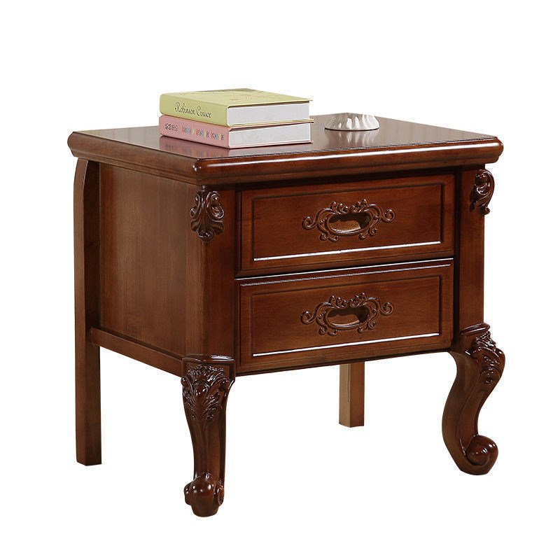 实木床头柜简约现代美式胡桃色红棕色乡村整装卧室床边收纳储物柜