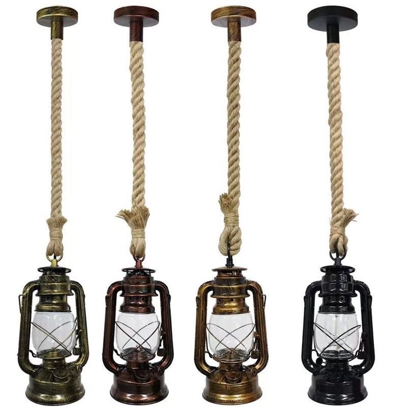 美式复古乡村麻绳煤油吊灯 个性创意简约阳台灯具怀旧马灯吊灯