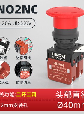 红波20A大电流急停开关红色大面点动按钮机床设备按压停止防水