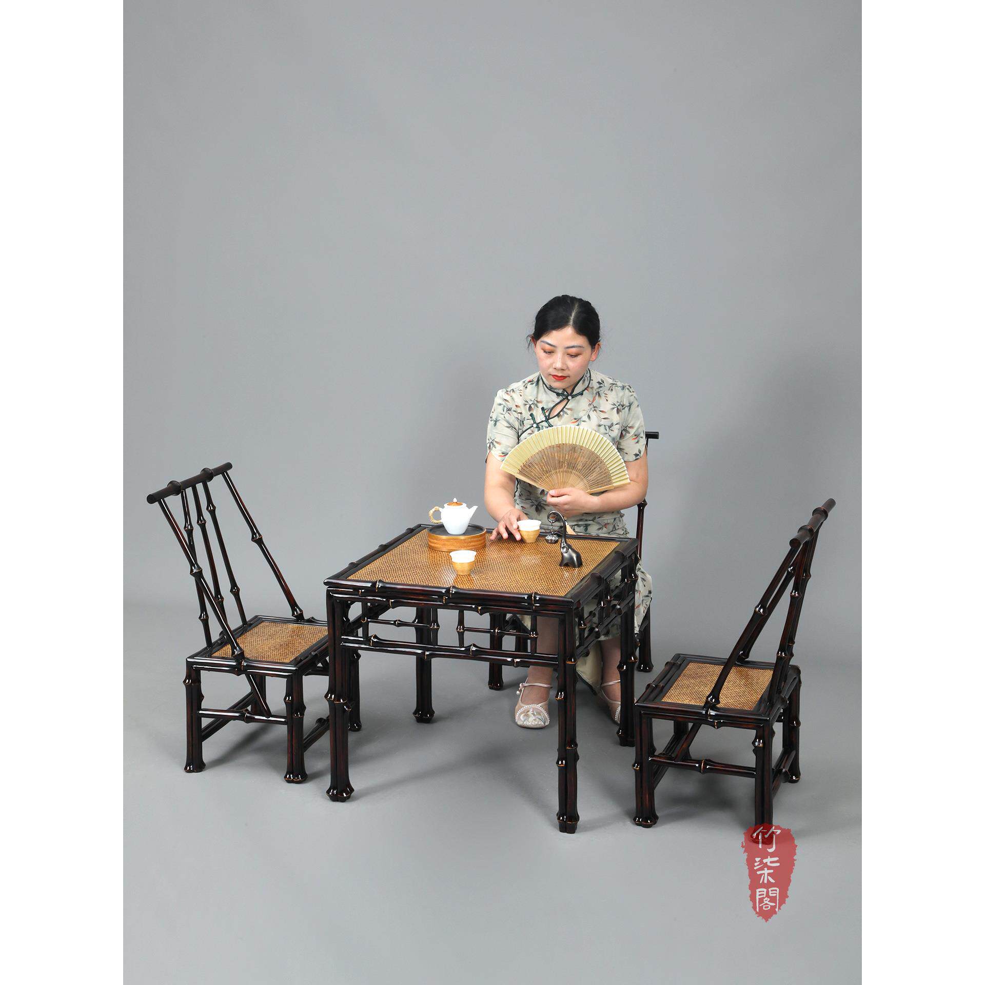 筇竹小方桌竹编泡茶桌新中式竹家具茶台茶几靠背小椅子矮桌竹桌椅