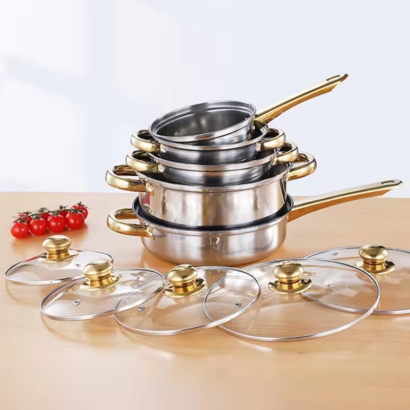 跨境加厚复底十二件套装锅不锈钢单柄奶锅双耳汤锅六件套礼品锅具