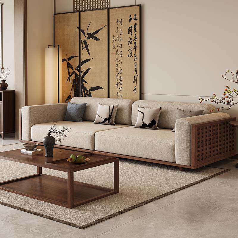 黑胡桃木沙发宋式美学直排沙发新中式实木沙发客厅麻棉布艺沙发