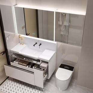 陶瓷一体盆日式浴室柜组合侧拉篮洗漱台高背盆定制镜柜延长马桶柜