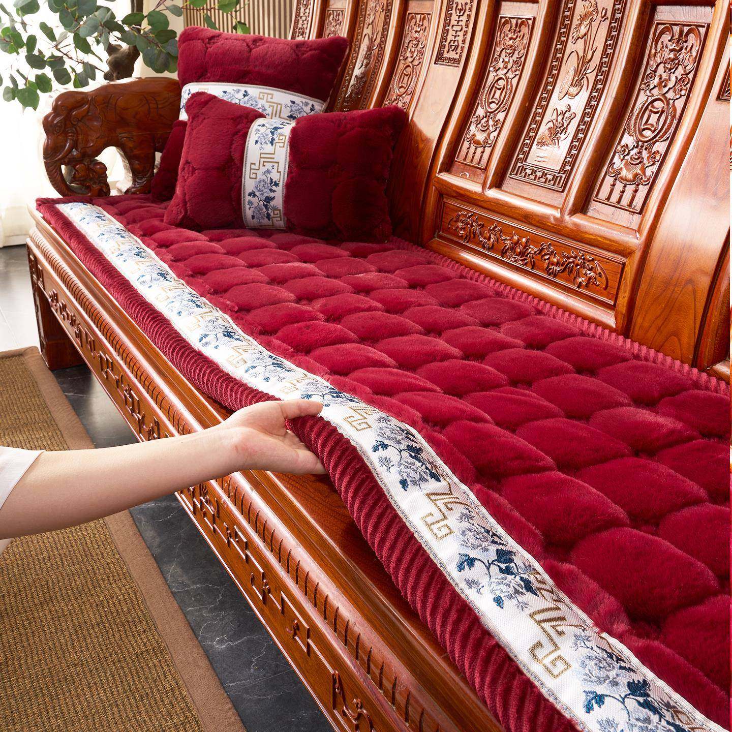 新中式红木兔毛绒沙发垫冬季毛绒椅垫实木椅子座垫防滑实木沙发垫