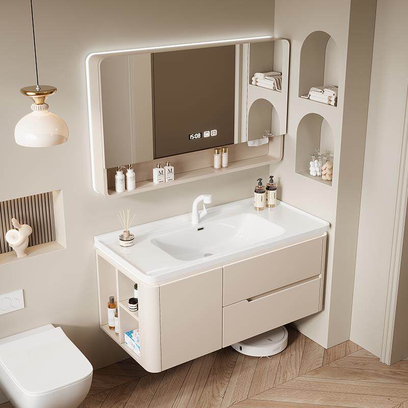 橡木浴室柜陶瓷一体盆定制侧边收纳洗漱台面奶油风卫生间智能镜子