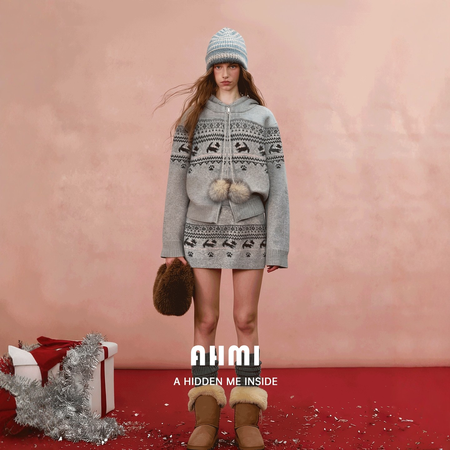 AHMI"麋鹿踏雪"费尔岛连帽毛衣开衫两件套女2025秋冬慵懒针织套装,女装/女士精品,时尚套装,淘宝优惠券,粉丝福利购,淘宝优惠卷