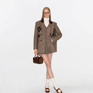 套装 AHMI 外套女秋冬时尚 复古高智感菱格纹毛呢西装 英伦留学生