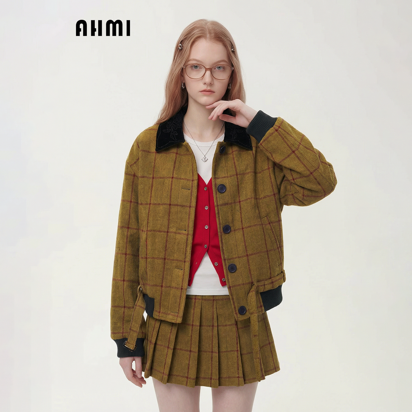 AHMI“复古巴恩风”格纹夹克毛呢外套套装女春季百褶半身裙两件套,女装/女士精品,时尚套装,淘宝优惠券,粉丝福利购,淘宝优惠卷