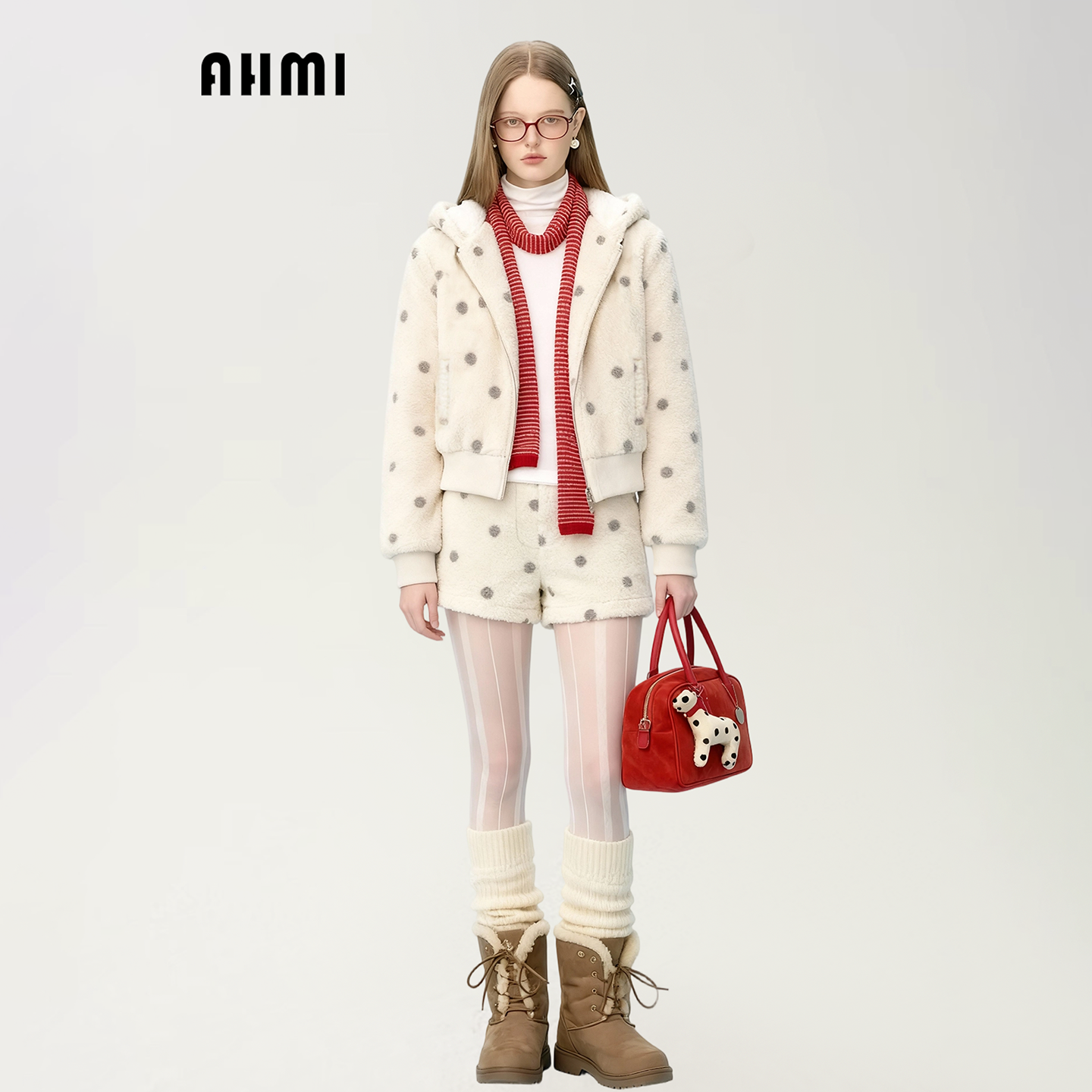 AHMI"波点绒感"连帽羊羔毛外套短裤套装女春季保暖2026超火两件套,女装/女士精品,时尚套装,淘宝优惠券,粉丝福利购,淘宝优惠卷