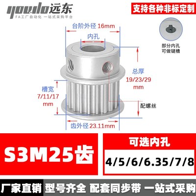 带台S3M25齿同步轮皮带轮 25S3M 槽宽7/11/17 孔4-15齿外径23.11