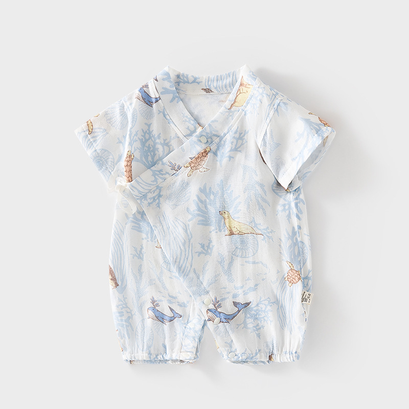 婴儿衣服夏季纱布连体衣薄款短袖宝宝纯棉a类外出新生儿哈衣爬服