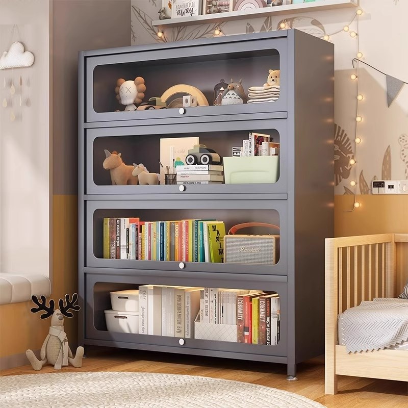 家用钢制书柜带玻璃门儿童书架防尘铁艺置物架客厅落地储物展示柜