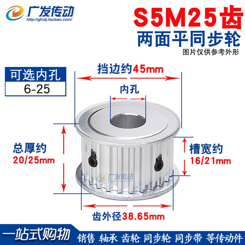 S5M两面平同步轮 S5M25齿25T 同步轮 槽宽16/21 AF型 同步皮带轮
