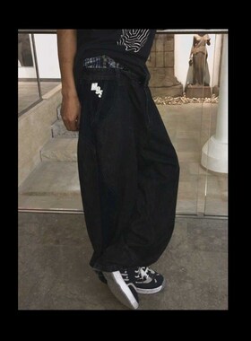 Mid9summer黑色拼接宽松直筒老爹滑板牛仔裤