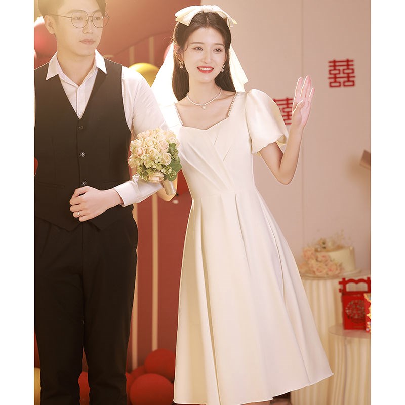 订婚礼服连衣裙白色日常可穿法式生日party裙领证登记晚装小礼服