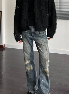 Baseplate 油污脏染破坏水洗做旧立体猫须休闲微喇叭冰蓝色牛仔裤