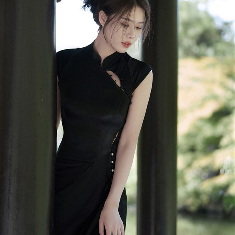纯黑色夏女2023新款高端精致气质高级感新中式国风旗袍黑色连衣裙