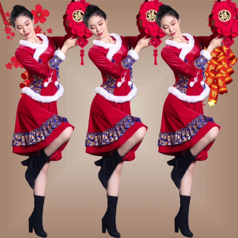 广场舞服装新款古典中国风舞蹈服红色喜庆衣服秧歌服打鼓舞演出服