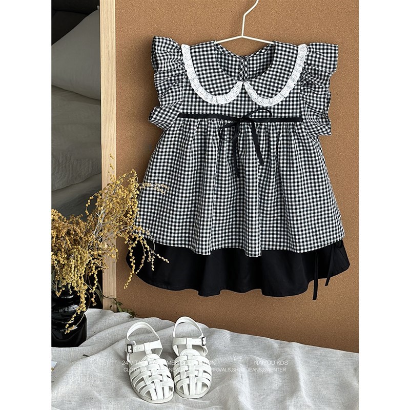 女童甜美套装2025新款夏季格子上衣洋气儿童娃娃领衬衫短裙两件套