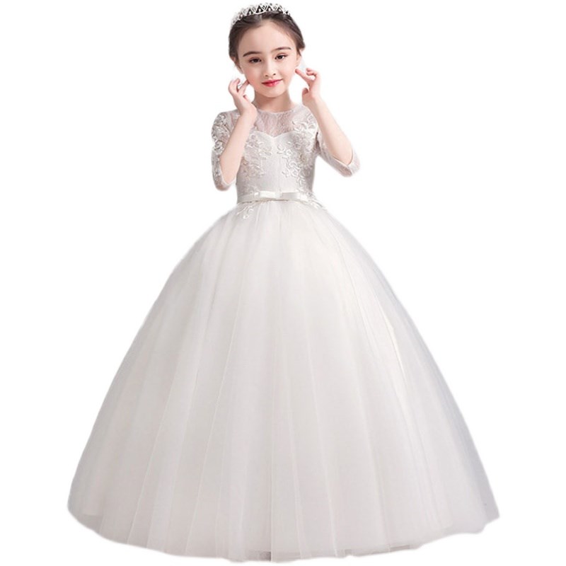 女童礼服高端白色生日公主裙花童婚纱蓬蓬裙小女孩主持钢琴演出服