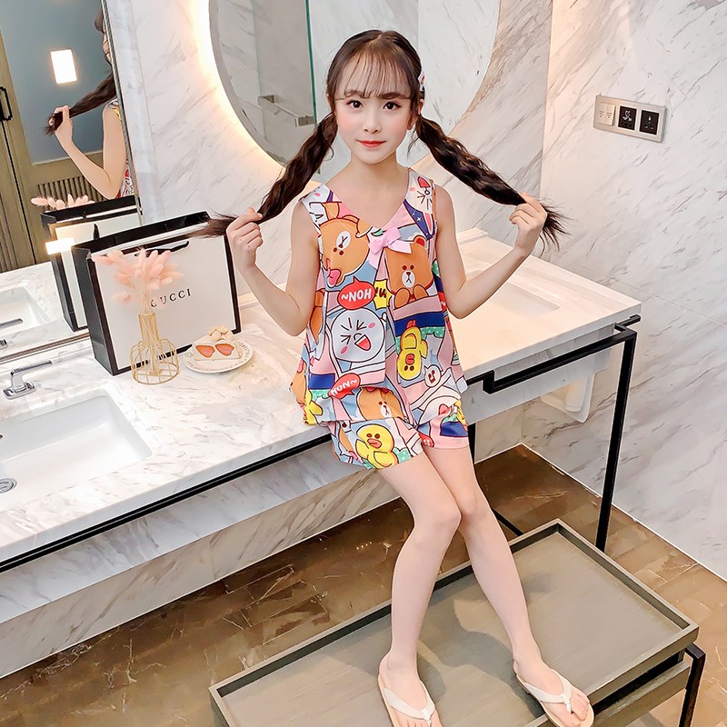 女童睡衣夏季薄款绵绸棉绸无袖小孩中大儿童花棕熊空调家居服套装