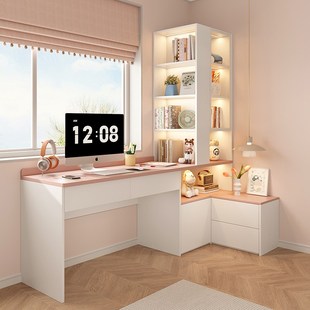 儿童房公主风转角书架书桌一体家用卧室小户型电脑桌床头柜子定制