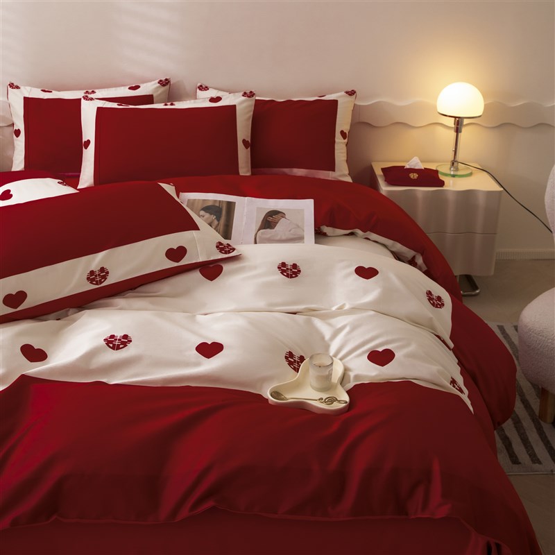 简约100S婚庆四件套大红色全棉新婚爱心纯棉被套结婚床上用品婚嫁
