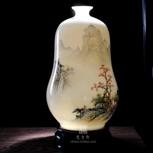 手绘山水中国风进宝葫芦陶瓷花瓶 德化白瓷家居客厅办公室装饰摆