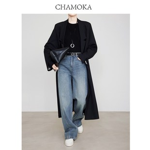 秋722 百搭显瘦加长牛仔直筒裤 夏莫卡复古瓦蓝牛仔裤 女新时髦长裤