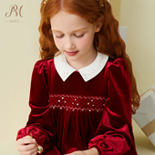 ·红色丝绒缩褶绣长袖 Petite Marguerite小雏菊童装 连衣裙
