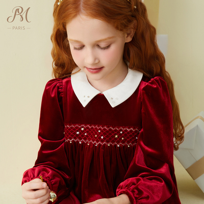 小雏菊PM童装丝绒缩褶绣连衣裙