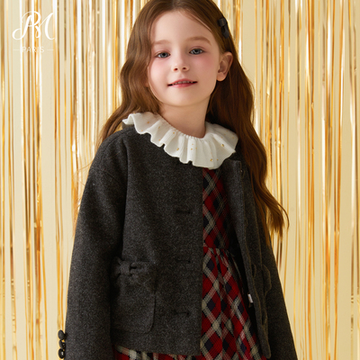 PM小雏菊灰色蝴蝶结毛呢短外套