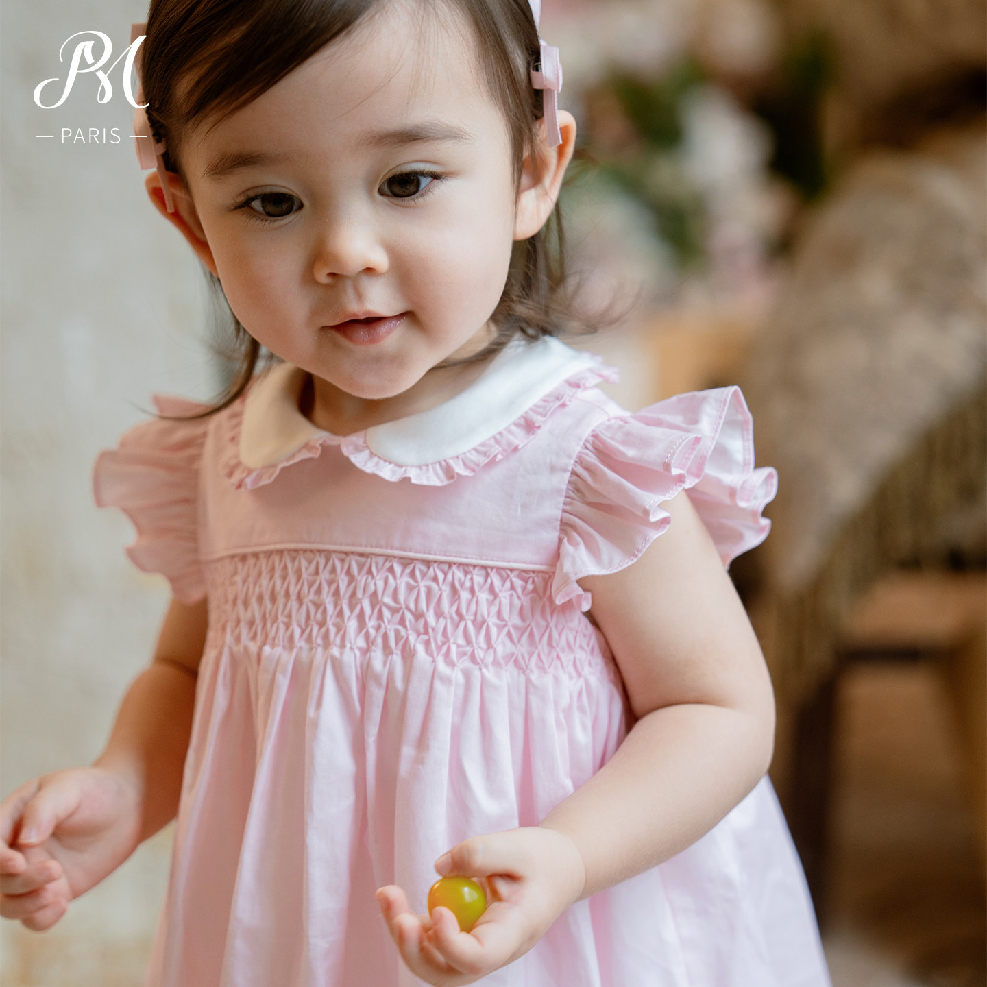 Petite Marguerite小雏菊儿童·粉色马戏团蜂巢褶娃娃领连衣裙