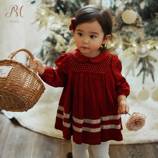 Petite Marguerite小雏菊婴童·手工蜂巢褶红色娃娃领连衣裙