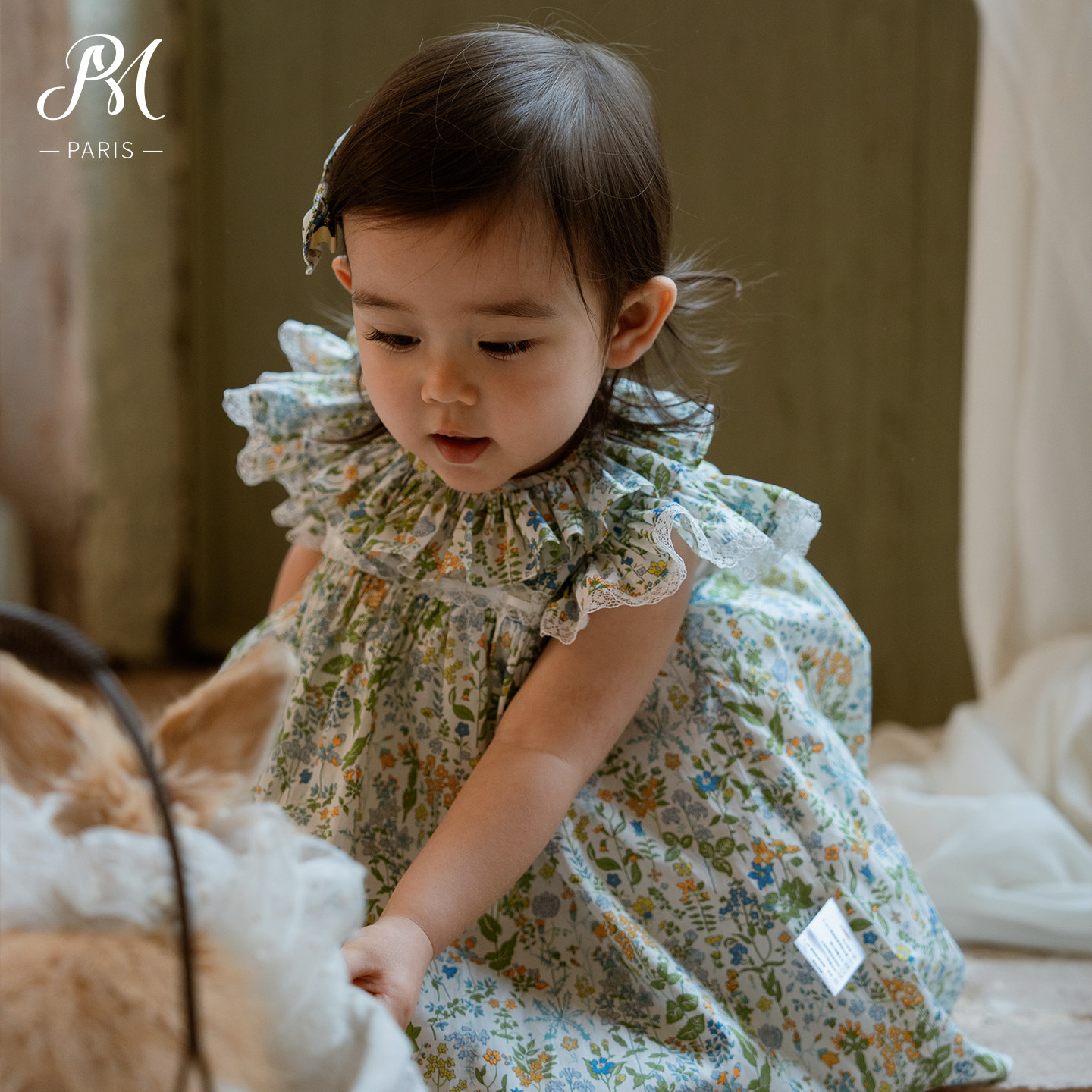 Petite Marguerite小雏菊婴童利伯缇花边领绿色碎花