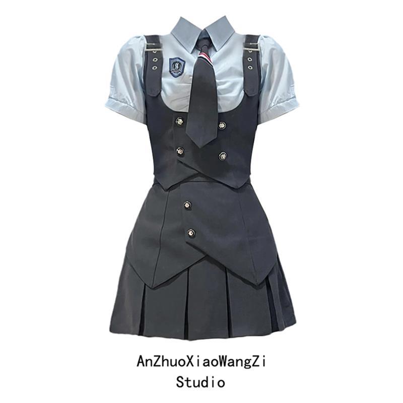 灰蓝色学院风美式短袖衬衫马甲束腰百褶裙jk制服套装女夏三件套