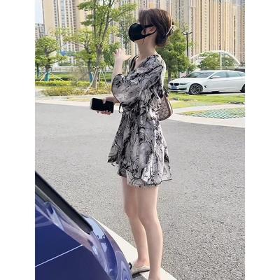 夏季碎花连衣裙套装漂亮时尚小个子显高雪纺水墨画国风短裤两件套