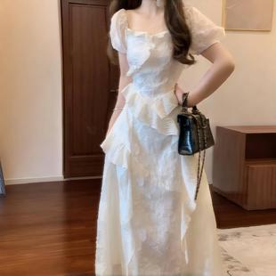 純欲白色連衣裙女海邊度假日落裙收腰長裙子 獨特漂亮初夏穿搭法式