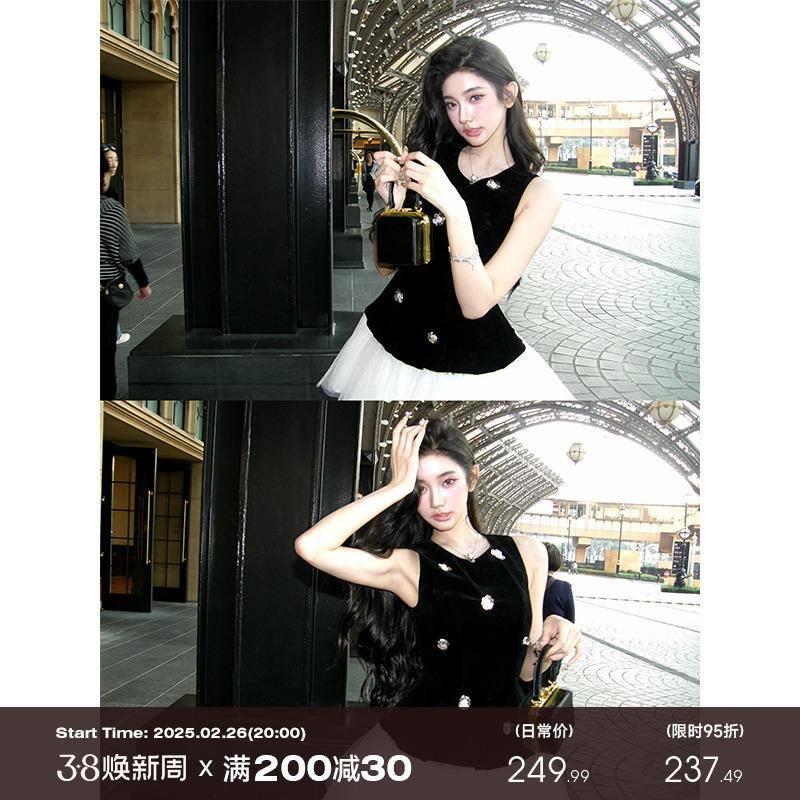 芭比姨公主风丝绒连衣裙女春季新款网纱无袖背心裙立体花朵生日裙