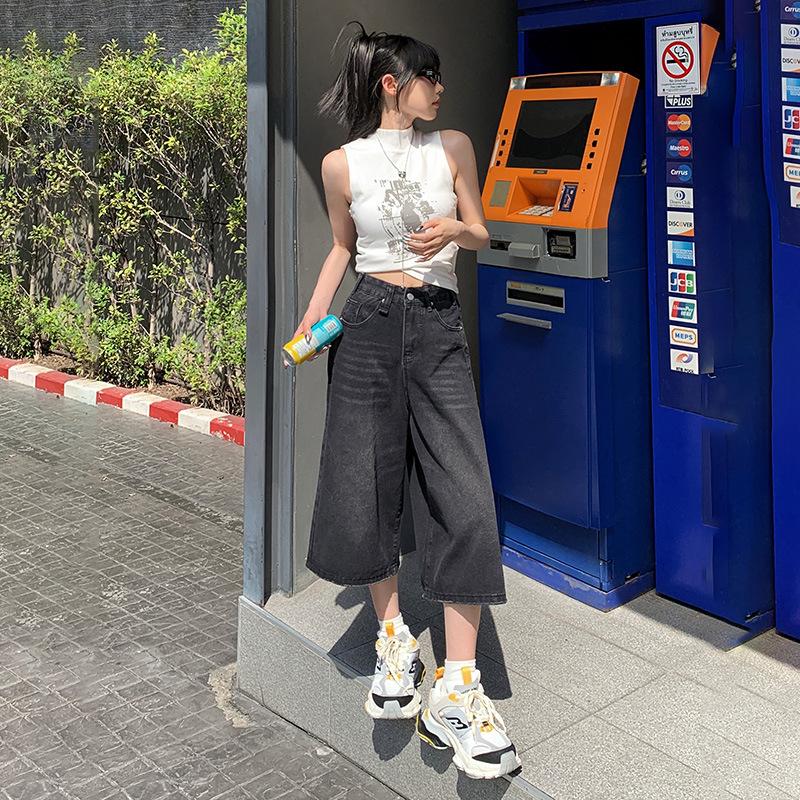 复古黑灰色七分牛仔裤女2025新款夏季宽松阔腿显瘦直筒中裤子