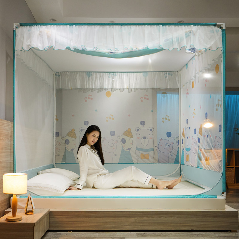 新款床笠蚊帐防摔儿童回底坐床式三开门拉链1.5米1.8m蒙古包纹账