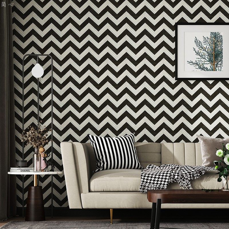 北欧黑白条纹壁纸自粘几何波浪卧室客厅电视背景墙壁纸自贴简约