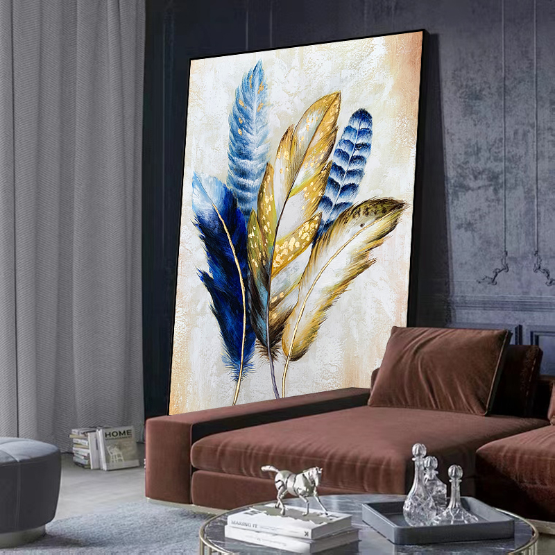 手绘羽毛油画美式法式轻奢挂画高级入户正对大门玄关画餐桌装饰画
