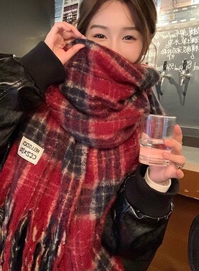复古格纹氛围感红色保暖围巾女秋冬加厚马海毛长款围脖防寒披肩潮