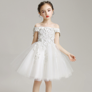 女童一字肩公主裙蓬蓬纱儿童晚礼服婚纱结婚礼裙小花童裙子白色冬