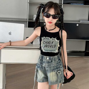 港风辣妹牛仔短裤套装复古不规则短款背心女童两件套夏装潮时髦潮