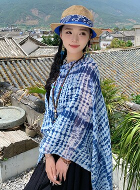 民族风出行游玩个性外搭披肩休闲舒适透气电波纹套头披风盘扣披肩