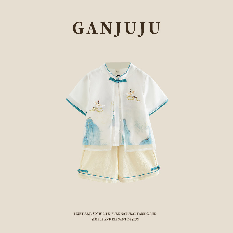 新中式男童夏季中国风套装2024新款男宝宝汉服短袖古风儿童表演服